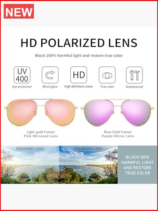 Oversized Aviator Sunglasses - Polarized Mirrored Lens, Lightweight Metal Frame